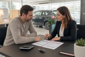 Cliente comparando opciones de financiación de un coche de segunda mano