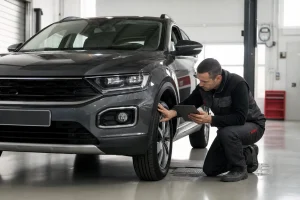 Técnico revisando un coche de segunda mano antes de su compra